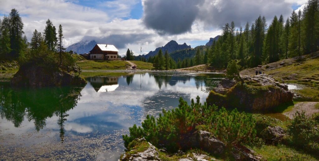 Croda di Lago and the mountain hut in the Dolomites