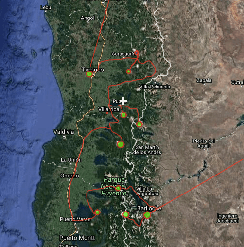 Karte aller Vulkane, die wir in Patagonien Ski fahren