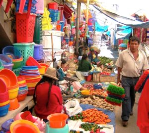 a colorful street market in Huaraz