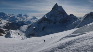 skiing next to the matterhorn in zermatt