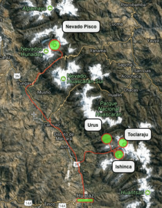 map of the peaks we climb in Peru
