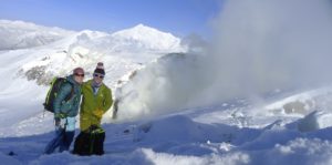 On top of the active volcano Tokachi in Hokkaido on skitouring trip with Patagoniatiptop