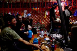 dinner at the yurt in Kirgistan during our backcountry skiing week