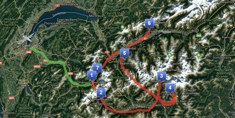 Karte unserer großartigen Alpinskisafari mit allen Standorten