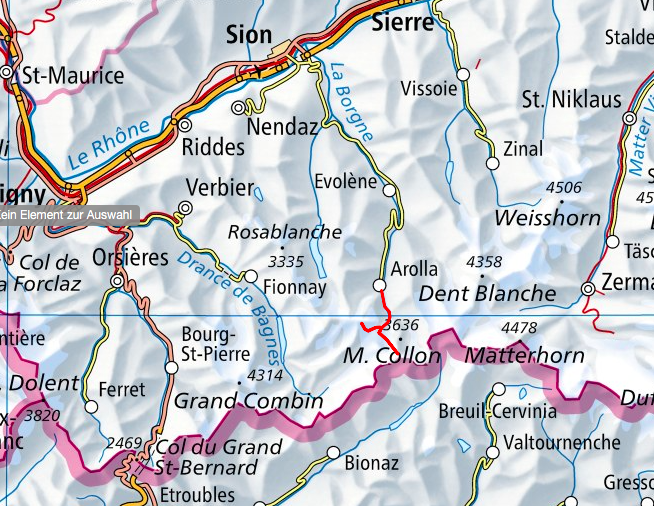 Karte von Eveque und Pigne d Arolla Bergsteigen