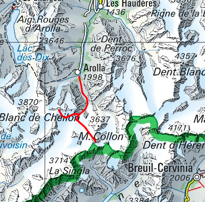 Karte von Eveque und Pigna d Arolla Bergsteigen