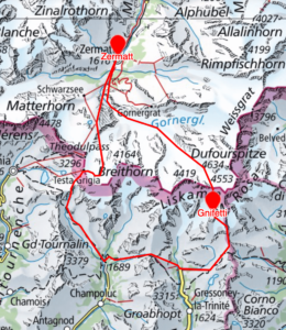 Map of the Monte Rosa skitouring loop from Zermatt to Val d'Ayas, Val di Gressoney and Gnifetti hut for the night.